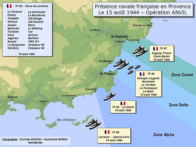 Cartographie de forces navales française débarquement en Provence 15 août 1944